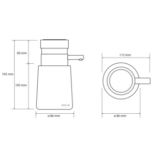 Tehnički crtež BEMETA Hotel dozator sapuna 107109240 Tehnički crtež za BEMETA Hotel dozator sapuna 107109240 sa dimenzijama 8.6 × 16.5 × 11.5 cm, širina 8.6 cm, visina 16.5 cm, dubina 11.5 cm