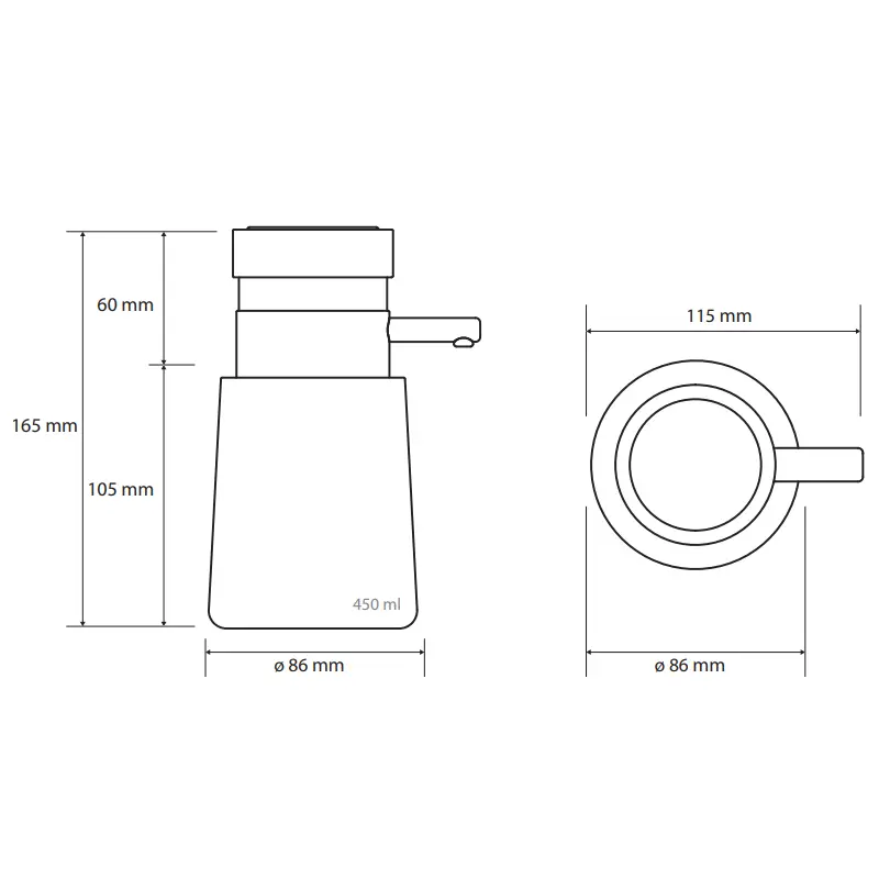 Tehnički crtež za BEMETA Hotel dozator sapuna 107109240 sa dimenzijama 8.6 × 16.5 × 11.5 cm, širina 8.6 cm, visina 16.5 cm, dubina 11.5 cm
