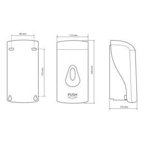 Tehnički crtež za BEMETA Hotel dozator sapuna 121209037 sa dimenzijama 11.5 × 24.5 × 11 cm, širina 11.5 cm, visina 24.5 cm, dubina 11 cm