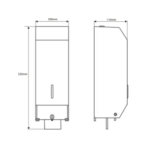 Tehnički crtež za BEMETA Hotel dozator sapuna 123109013 sa dimenzijama 10 × 32 × 11 cm, širina 10 cm, visina 32 cm, dubina 11 cm