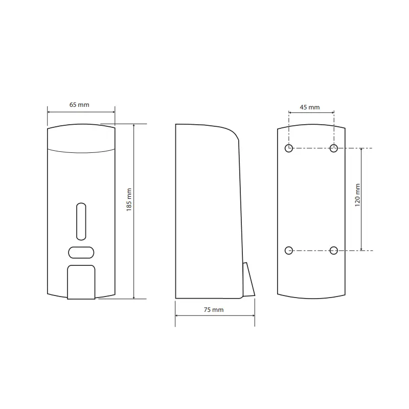Tehnički crtež za BEMETA Hotel dozator sapuna 121209142 sa dimenzijama 6.5 × 18.5 × 7.5 cm, širina 6.5 cm, visina 18.5 cm, dubina 7.5 cm