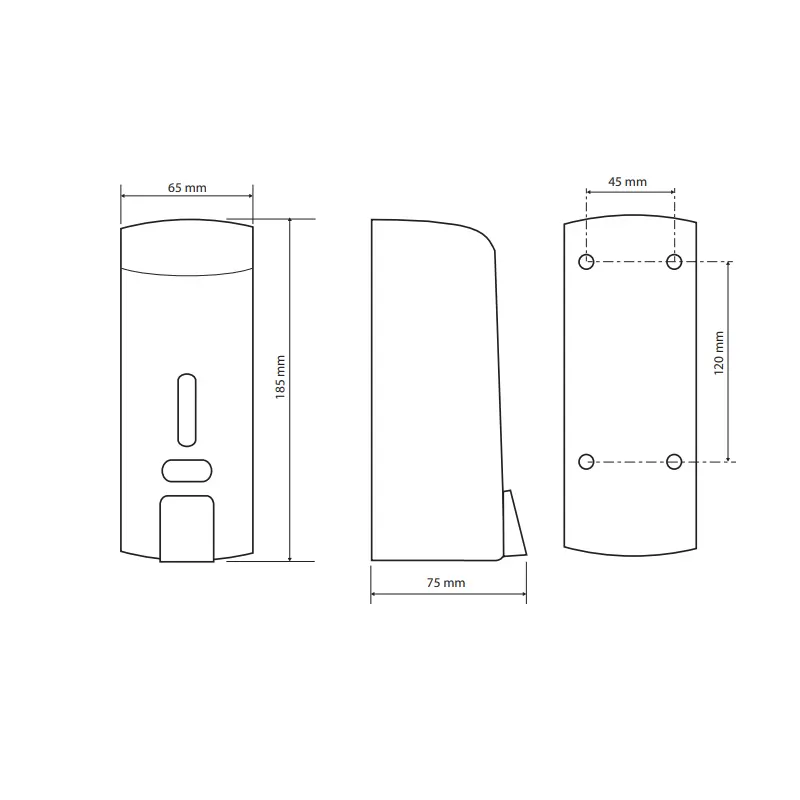 Tehnički crtež za BEMETA Hotel dozator sapuna 121209145 sa dimenzijama 6.5 × 18.5 × 7.5 cm, širina 6.5 cm, visina 18.5 cm, dubina 7.5 cm