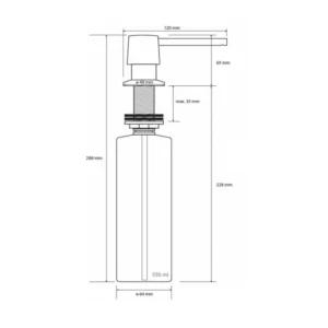 Tehnički crtež za BEMETA Hotel ugradni dozator sapuna 152109133 sa dimenzijama 5.5 × 27 × 12.5 cm, širina 5.5 cm, visina 27 cm, dubina 12.5 cm