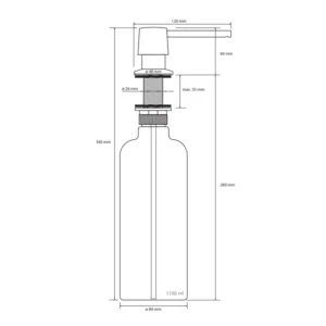 Tehnički crtež BEMETA Hotel ugradni dozator 152109143 Tehnički crtež za BEMETA Hotel ugradni dozator sapuna 152109143 sa dimenzijama 4.8 × 34 × 12 cm, širina 4.8 cm, visina 34 cm, dubina 12 cm