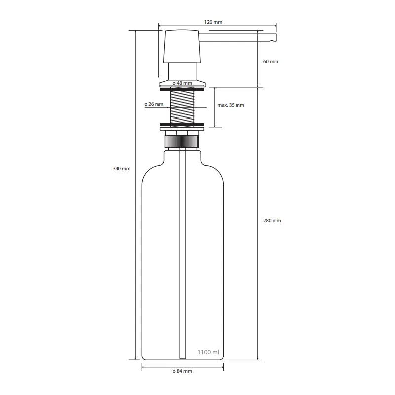 Tehnički crtež za BEMETA Hotel ugradni dozator sapuna 152109142 sa dimenzijama 4.8 × 34 × 12 cm, širina 4.8 cm, visina 34 cm, dubina 12 cm