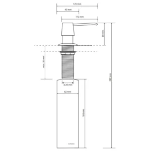 Tehnički crtež za BEMETA Hotel ugradni dozator sapuna 136109012 sa dimenzijama 6.2 × 28.7 × 12.5 cm, širina 6.2 cm, visina 28.7 cm, dubina 12.5 cm