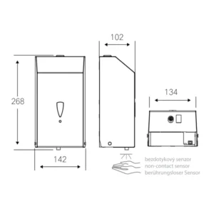 Tehnički crtež za BEMETA Hotel automatski dozator sapuna 105109335 sa dimenzijama 14.2 × 26.8 × 10.2 cm, širina 14.2 cm, visina 26.8 cm, dubina 10.2 cm