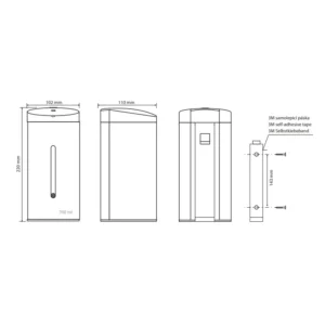 Tehnički crtež za BEMETA Hotel automatski dozator sapuna 141109195 sa dimenzijama 10.2 × 22 × 11 cm, širina 10.2 cm, visina 22 cm, dubina 11 cm
