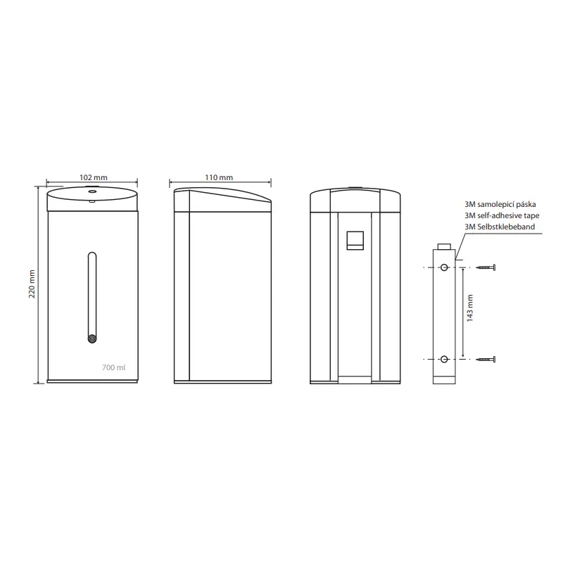 Tehnički crtež za BEMETA Hotel automatski dozator sapuna 141109195 sa dimenzijama 10.2 × 22 × 11 cm, širina 10.2 cm, visina 22 cm, dubina 11 cm