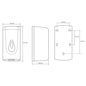 Tehnički crtež za BEMETA Hotel automatski dozator penastog sapuna 121209032 sa dimenzijama 13.5 × 27.5 × 12 cm, širina 13.5 cm, visina 27.5 cm, dubina 12 cm