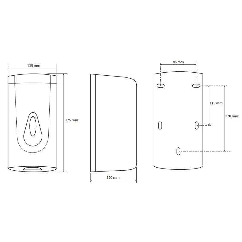 Tehnički crtež za BEMETA Hotel automatski dozator penastog sapuna 121209032 sa dimenzijama 13.5 × 27.5 × 12 cm, širina 13.5 cm, visina 27.5 cm, dubina 12 cm