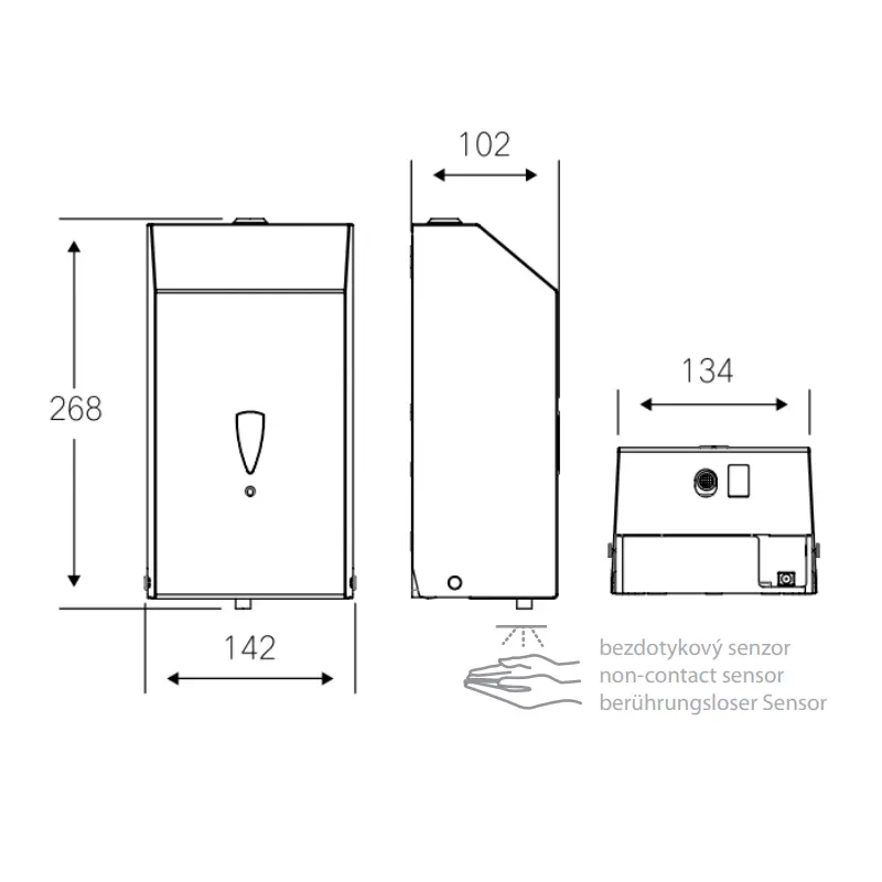Tehnički crtež za BEMETA Hotel automatski dozator penastog sapuna 105109345 sa dimenzijama 14.2 × 26.8 × 10.2 cm, širina 14.2 cm, visina 26.8 cm, dubina 10.2 cm
