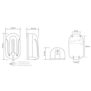 Tehnički crtež za BEMETA Hotel automatski dozator dezinfekcije 124109334 sa dimenzijama 14 × 23.5 × 10.7 cm, širina 14 cm, visina 23.5 cm, dubina 10.7 cm