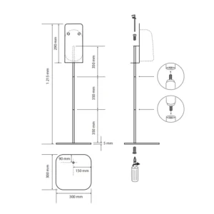 Tehnički crtež za BEMETA Hotel automatski dozator dezinfekcije sa stalkom 124109346 sa dimenzijama 30 × 121.5 × 30 cm, širina 30 cm, visina 121.5 cm, dubina 30 cm
