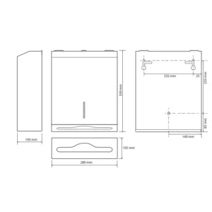 Tehnički crtež za BEMETA Hotel dispenzer papirnih ubrusa 113103041 sa dimenzijama 28 × 35 × 10.5 cm, širina 28 cm, visina 35 cm, dubina 10.5 cm