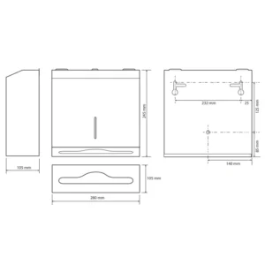 Tehnički crtež za BEMETA Hotel dispenzer papirnih ubrusa 113103031 sa dimenzijama 28 × 24.5 × 10.5 cm, širina 28 cm, visina 24.5 cm, dubina 10.5 cm