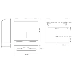 Tehnički crtež za BEMETA Hotel dispenzer papirnih ubrusa 113103035 sa dimenzijama 28 × 24.5 × 10.5 cm, širina 28 cm, visina 24.5 cm, dubina 10.5 cm