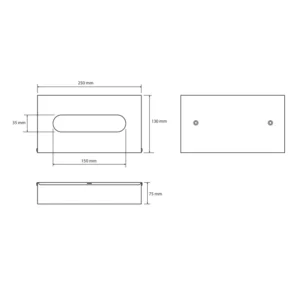 Tehnički crtež za BEMETA Hotel dispenzer maramica 102303021 sa dimenzijama 25 × 13 × 7.5 cm, širina 25 cm, visina 13 cm, dubina 7.5 cm