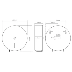 Tehnički crtež za BEMETA Hotel dispenzer toalet papira 148112051 sa dimenzijama 20 × 21 × 13 cm, za jumbo rolnu Ø 200 mm
