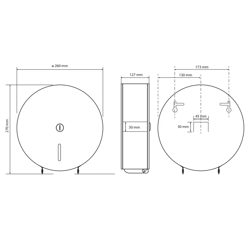 Tehnički crtež BEMETA Hotel dispenzer toalet papira Ø 260 mm sjaj 148212051 dimenzije 26 × 27 × 12.7 cm