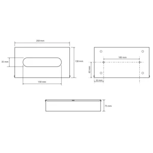 Tehnički crtež BEMETA Dark dispenzer maramica 102303020 Tehnički crtež za BEMETA Dark dispenzer maramica 102303020 sa dimenzijama 25 × 7.5 × 13 cm, širina 25 cm, visina 7.5 cm, dubina 13 cm