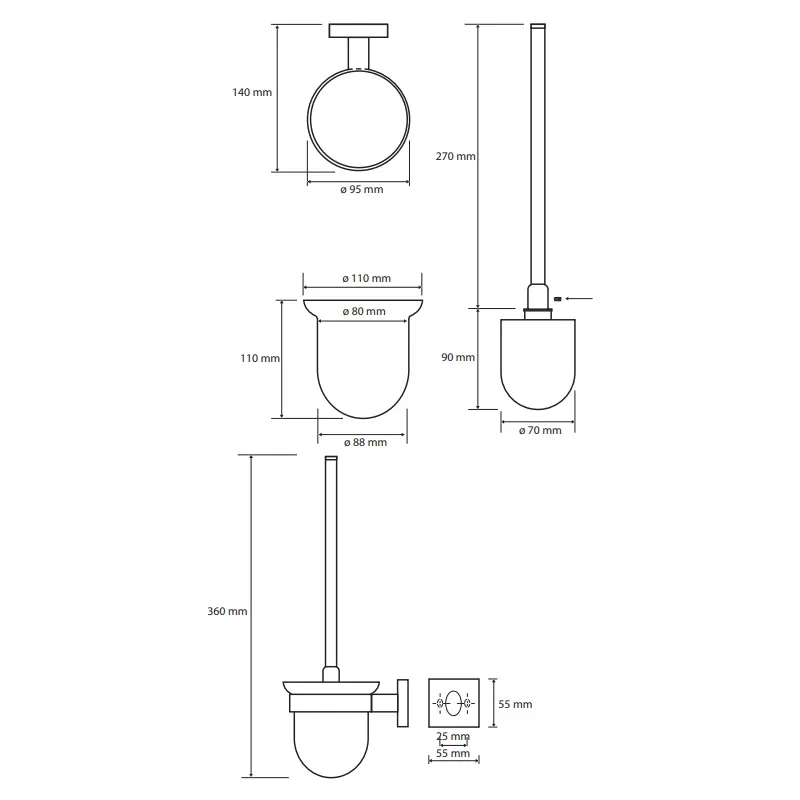 Tehnički crtež za BEMETA Beta WC četku 132113012 sa dimenzijama 9.5 × 36 × 14 cm, širina 9.5 cm, visina 36 cm, dubina 14 cm