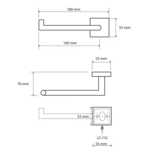 Tehnički crtež za BEMETA Beta levi držač toalet papira 132212032L sa dimenzijama 18 × 5.5 × 7 cm, širina 18 cm, visina 5.5 cm, dubina 7 cm