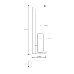 Tehnički crtež za BEMETA Beta stalak sa WC četkom i držačem toalet papira 132836012 sa dimenzijama 15 × 71 × 25.5 cm, širina 15 cm, visina 71 cm, dubina 25.5 cm