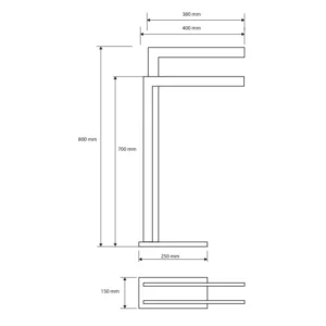 Tehnički crtež za BEMETA Beta podni dupli držač peškira 132836022 sa dimenzijama 15 × 80 × 40 cm, širina 15 cm, visina 80 cm, dubina 40 cm