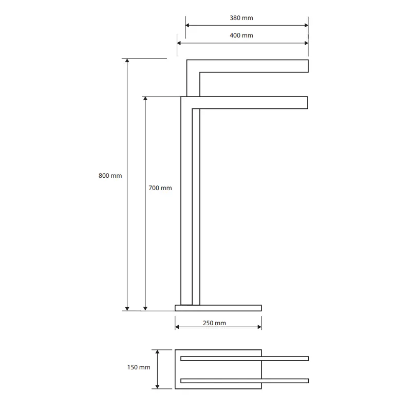 Tehnički crtež za BEMETA Beta podni dupli držač peškira 132836022 sa dimenzijama 15 × 80 × 40 cm, širina 15 cm, visina 80 cm, dubina 40 cm