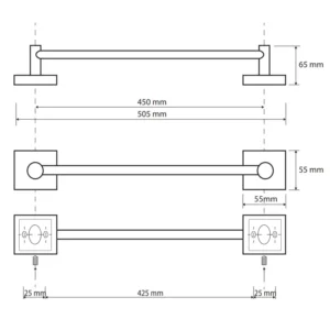 Tehnički crtež BEMETA Beta držač peškira 450 mm 132104022 Tehnički crtež za BEMETA Beta držač peškira 450 mm 132104022 sa dimenzijama 50.5 × 5.5 × 6.5 cm, širina 50.5 cm, visina 5.5 cm, dubina 6.5 cm