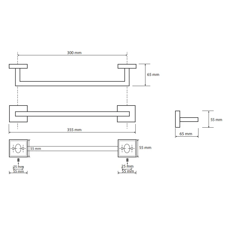 Tehnički crtež za BEMETA Beta držač peškira 300 mm 132204012 sa dimenzijama 35.5 × 5.5 × 6.5 cm, širina 35.5 cm, visina 5.5 cm, dubina 6.5 cm