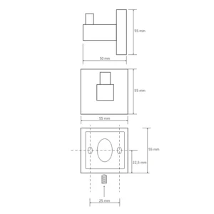 Tehnički crtež za BEMETA Beta kukicu 132306172 sa dimenzijama 5.5 × 5.5 × 5 cm, širina 5.5 cm, visina 5.5 cm, dubina 5 cm