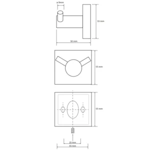 Tehnički crtež za BEMETA Beta duplu kukicu 132106032 sa dimenzijama 5.5 × 5.5 × 5 cm, širina 5.5 cm, visina 5.5 cm, dubina 5 cm