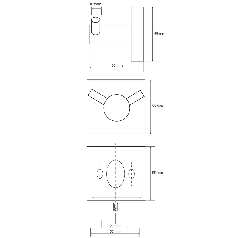 Tehnički crtež za BEMETA Beta duplu kukicu 132106032 sa dimenzijama 5.5 × 5.5 × 5 cm, širina 5.5 cm, visina 5.5 cm, dubina 5 cm