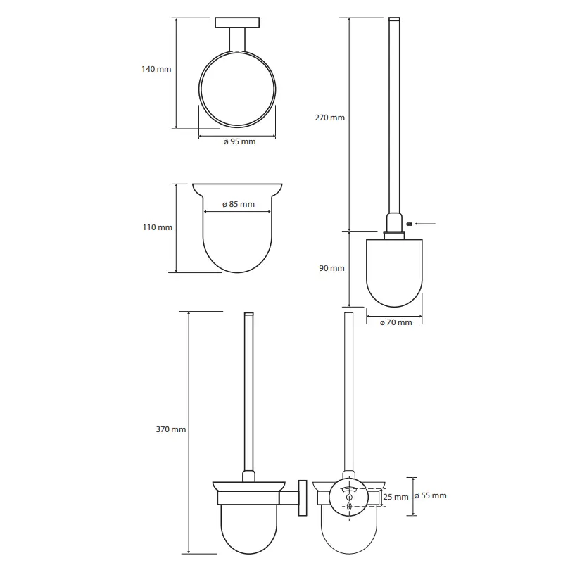 Tehnički crtež za BEMETA Amber WC četku zidnu 155113017 sa dimenzijama 9.5 × 36 × 14 cm, širina 9.5 cm, visina 36 cm, dubina 14 cm