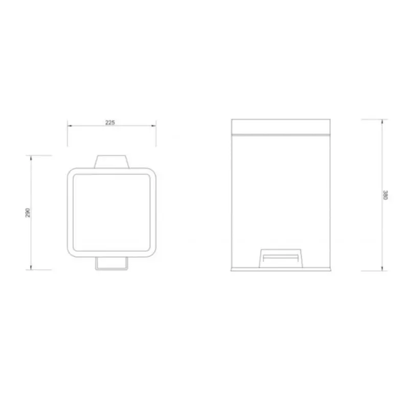 Tehnički prikaz MINOTTI četvrtaste kante za otpatke 012-K, zapremina 12 L, hrom završna obrada, pedala za otvaranje
