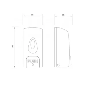 Tehnički prikaz MINOTTI ProClean dozatora PC-03-2500, zidna montaža, bela ABS plastika, kapacitet 500 ml, dimenzije držača 8,5 × 18 cm