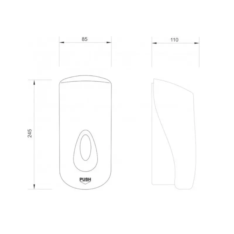 Tehnički prikaz MINOTTI ProClean dozatora PC-03-31000W, zidna montaža, bela ABS plastika, kapacitet 1000 ml, dimenzije držača 8,5 × 24,5 cm