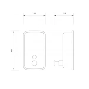 Tehnički prikaz MINOTTI ProClean dozatora PC-03-1800, zidna montaža, inox materijal, kapacitet 800 ml, dimenzije držača 11 × 19,5 cm