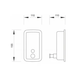 Tehnički prikaz MINOTTI ProClean dozatora PC-03-1500, zidna montaža, inox materijal, kapacitet 500 ml, dimenzije držača 11 × 15,5 cm