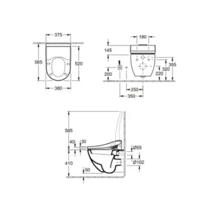 Tehnički crtež VILLEROY & BOCH O.Novo Simplon monoblok WC šolje, širina 36 cm, visina WC šolje 40 cm, dubina 65 cm