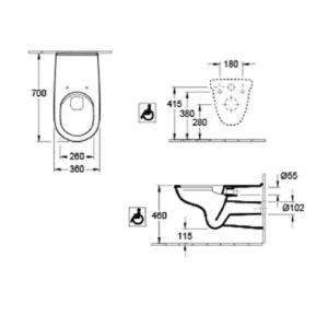 Tehnički crtež VILLEROY & BOCH ViCare Vita WC šolje 4601R001, širina 36 cm, visina 34,5 cm, dubina 70 cm
