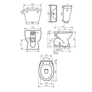Tehnički crtež KERAMIKA LESKOVAC Viktorija Simplon WC šolje KL-WC, širina 36,5 cm, visina 39 cm, dubina 48 cm