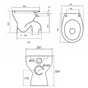 Tehnički crtež VITRA Zentrum monoblok WC šolje ZV011, širina 35,5 cm, visina kompleta 78,5 cm, dubina 61 cm