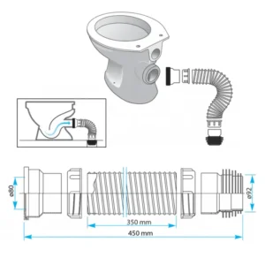 Tehnički crtež TEHNOEXPORT odvodne cevi Baltik elastične S00008, crevo 350 mm, cev 100 mm, gornji otvor Ø80 mm, adapter Ø92 mm