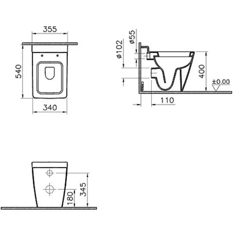 Tehnički crtež VITRA T4 podne back-to-wall WC šolje 4465B003-0075, širina 35,5 cm, visina 40 cm, dubina 54 cm
