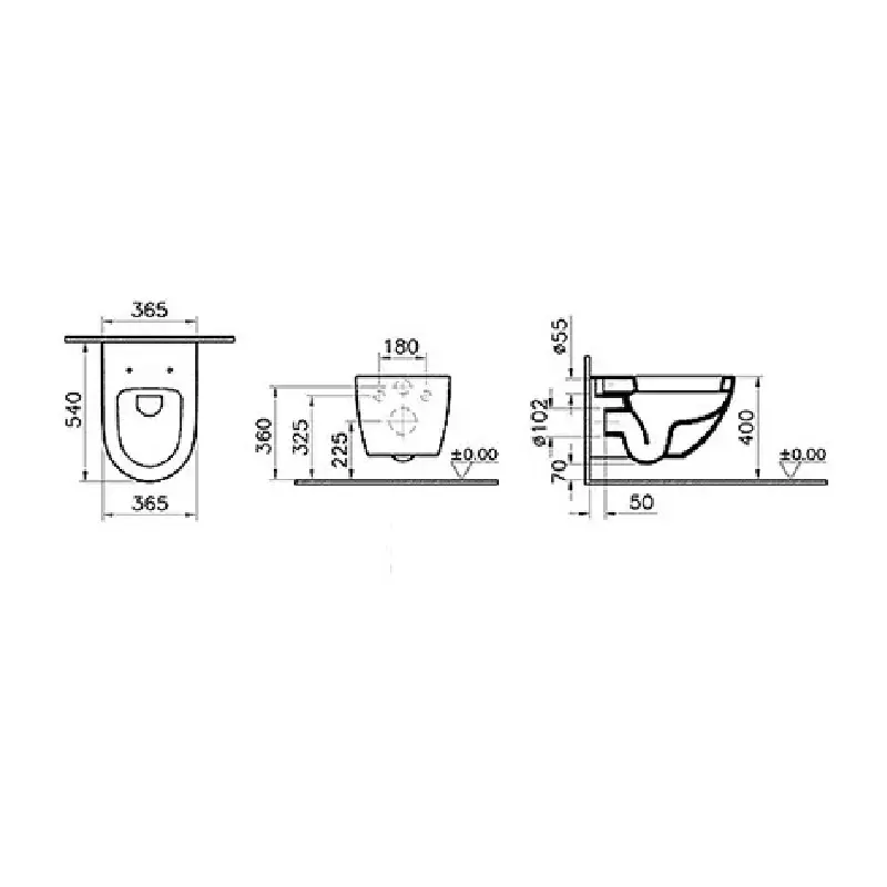 Tehnički crtež VITRA S50 monoblok WC šolje SVS53, približna širina 38 cm, visina 80 cm, dubina 60 cm