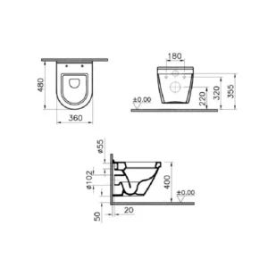 Tehnički crtež VITRA S50 kraće konzolne WC šolje 5320L003-0075, širina 36 cm, visina 40 cm, dubina 48 cm