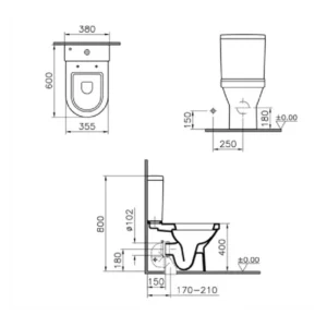 Tehnički crtež VITRA S50 monoblok WC šolje SVS52, širina 38 cm, visina 80 cm, dubina 60 cm